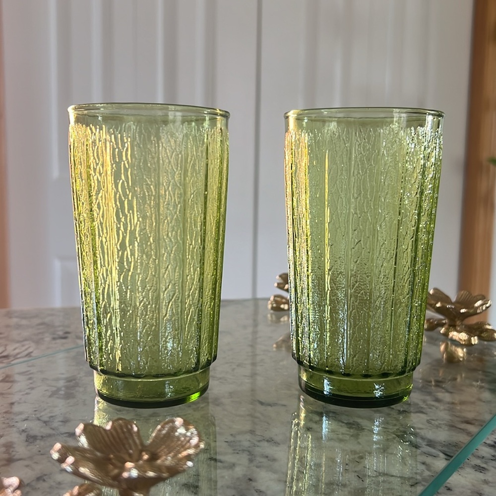 Pair of Vintage Green Reeded Wheatgrass MCM Tumbler Glasses